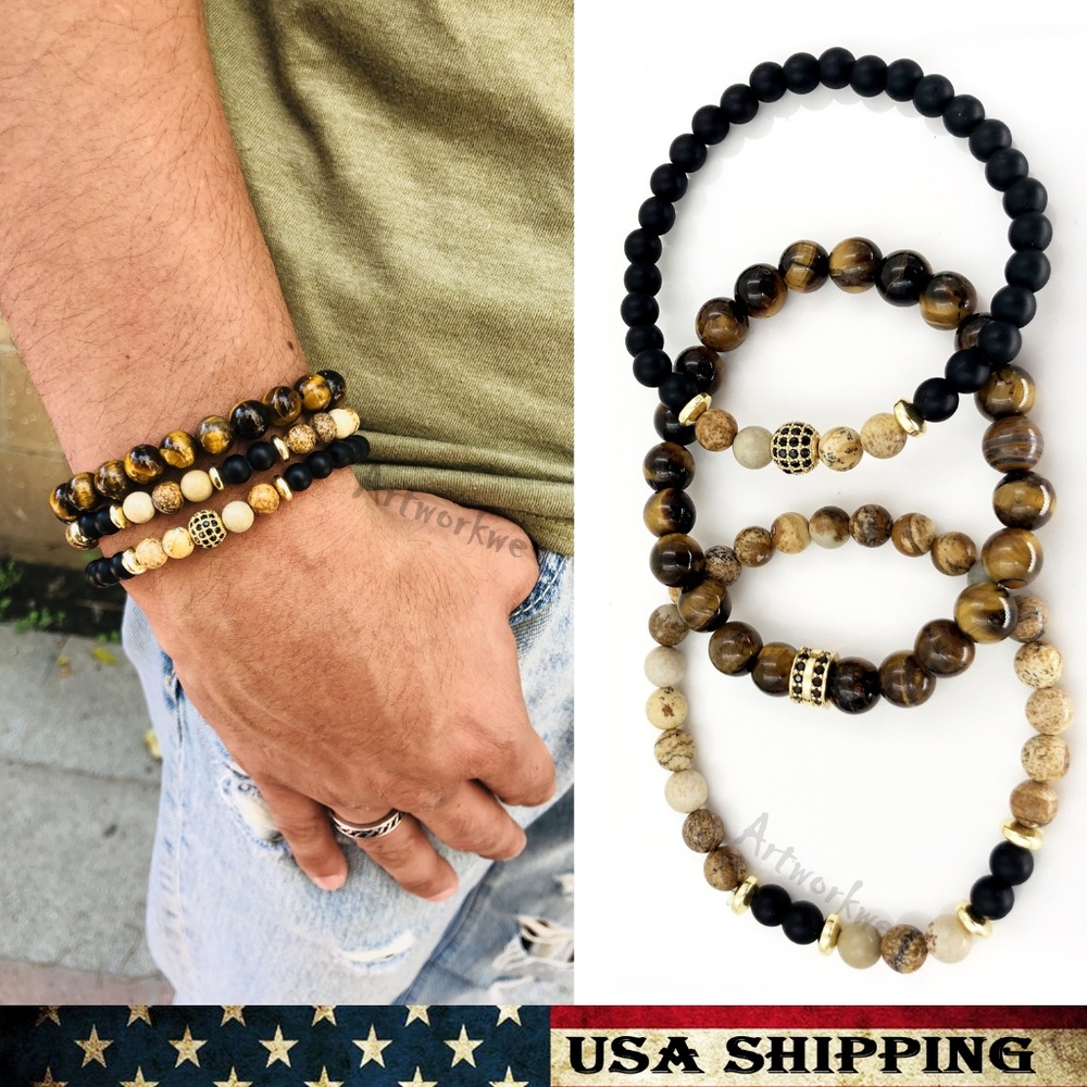 3Pcs Set Brown Stone Beads Men Bracelets
